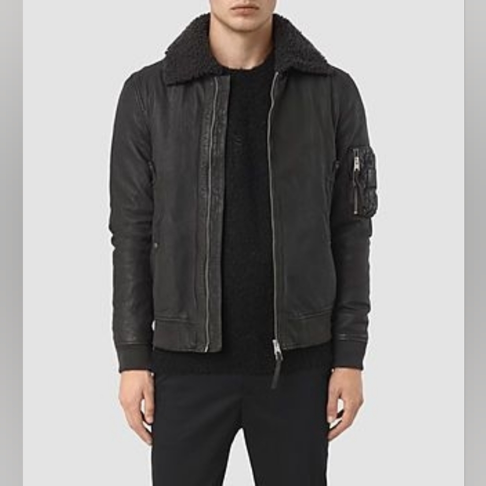 Men's Olin leather aviator Bomber Distressed All Saints Luxury Shearling Collar